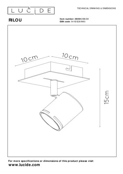 Lucide RILOU - Spot plafond - LED Dim. - GU10 - 1x5W 3000K - Blanc - technique